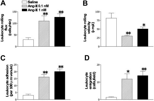 Figure 2. Subacute (4-hour) Ang II-induced leukocyte responses within rat mesenteric postcapillary venules. Rats were treated intraperitoneally with saline (n = 6), 0.1 nM (n = 5), or 1 nM Ang II (n = 6). Four hours later, responses of leukocyte rolling flux (A), leukocyte rolling velocity (B), leukocyte adhesion (C), and leukocyte emigration (D) were quantified. Results are represented as mean ± SEM. *P < .05 and **P < .01 relative to the saline group.