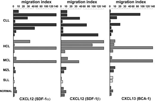 Figure 4. CXC receptors were functionally investigated in chemotactic assay and were observed to display chemotaxis in some patients with NHL following binding to relative chemokines. Chemotactic activity of CXC chemokines (CXCL12: SDF-1α at 100 ng/mL, SDF-1β at 100 ng/mL, CXCL13 at 1 ng/mL) was tested on normal B cells obtained from 3 healthy subjects and on malignant B lymphocytes obtained from 18 patients with NHL. The concentrations were chosen in relation to a dose-response curve (see “Patients, materials, and methods”). The assay was performed in triplicate.