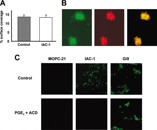 Figure 7. Interaction of IAC-1 to platelets deposited on collagen under flow. (A-B) Anticoagulated whole human blood supplemented with 10 μg/mL IAC-1-FITC was perfused over a collagen-coated surface at a wall shear rate of 1000 s-1. (A) Platelet adhesion was determined as the percent surface coverage in the presence or absence of IAC-1-FITC. Error bars indicate the SEMs of at least 3 independent experiments. (B) Confocal microscopy analysis of adhered platelet aggregates after 4 minutes of perfusion showed that the signal of IAC-1-FITC (green) colocalized with platelets as detected by actin staining with Texas-Red phalloidin (red). (C) Postperfusion binding of FITC-labeled MOPC-21 (10 μg/mL), IAC-1 (10 μg/mL), or Gi9 (5 μg/mL) to platelets in the presence or absence of 10% ACD and 10 μM PGE1.