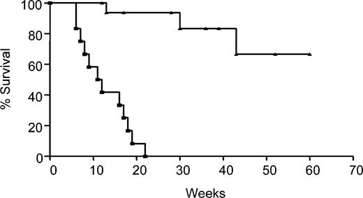 Figure 6. Replacement of the Atm-/- hematopoietic compartment by BMT prevents lymphoma. Atm-/- mice were conditioned with cyclophosphamide and anti-CD4 and -CD8 monoclonal antibodies. Mice that received C3H bone marrow (▴) had a significantly longer lifespans than Atm-/- control mice that did not receive C3H bone marrow (▪). Shown are the combined results of 5 experiments.