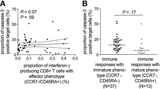 Figure 3. No relationship between the epitope-specific cytotoxic activity of HIV-1-specific CD8+ T cells and their maturation phenotype. (A) Correlation between the proportion of HIV-1-specific interferon-γ secreting CD8+ T cells with effector phenotype and the corresponding epitope-specific CD8+ T-cell-mediated cytotoxic activity. Dashed lines represent the 95% confidence intervals of the regression line. (B) Epitope-specific cytotoxic activity of HIV-1-specific CD8+ T cells stratified according to their maturation phenotype. HIV-1-specific CD8+ T-cell populations with more than 20% of CCR7-/CD45RA+ cells were classified as terminally differentiated immune responses, whereas populations with less than 20% of CCR7-/CD45RA+ cells were regarded as preterminally differentiated immune responses.