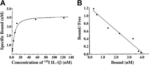 Figure 3. Binding of 125I-IL-1β to fibrin monomer was found to be of high affinity. (A) Binding of IL-1β to fibrin monomer. Fibrinogen was immobilized on Sepharose beads and then converted to fibrin monomer by incubation with thrombin. 125I-IL-1β was incubated with the beads, and bound and free ligands were then separated by centrifugation. Nonspecific binding was measured in the presence of a 10-fold molar excess of unlabeled IL-1β, and specific binding was determined by subtraction of nonspecific from total binding. Each point represents the mean of 3 different experiments. (B) Scatchard plot. The best fit of the data was determined using the Ligand program29 and indicated the presence of single binding site.