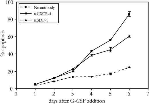 Figure 5. Blocking of SDF-1/CXCR-4 interactions induces apoptosis in 32D cells. On day 0, cultures were initiated with 2 × 105 32D/G-CSF-R cells/mL. Cells were counted and cultures were readjusted to 2 × 105 cells/mL on a daily basis. Cultures were either performed in the presence of G-CSF, G-CSF + a CXCR4-blocking antibody, or G-CSF + an SDF-1 neutralizing antibody. The percentage of cells in apoptosis (y-axis) was determined by a flow cytometric analysis of the number of annexin-V+ 7-AAD- cells. Error bars indicate ± 1 SD.