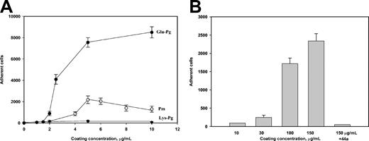 Figure 3. Adhesion of αMβ2-expressing cells to Pg and its derivatives. The αMβ2-expressing cells were added to wells coated with different concentrations of Glu-Pg, Lys-Pg, and Pm (A) or the N-terminal fragment of Glu-Pg (B). Pm was inactivated with 2 mM PMSF for 15 minutes at 22° C. Some cells were preincubated with 40 μg/mL mAb 44a for 20 minutes at 22° C before cell aliquots were added to microtiter plates coated with the N-terminal Pg fragment. Adhesion was quantitated as described in the legend to Figure 2. Results are the total numbers of adherent cells and the mean ± SE values of 4 to 7 individual experiments.