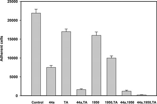 Figure 7. Adhesion of neutrophils to Glu-Pg. Neutrophils were isolated from human blood, resuspended in HBSS, and labeled with calcein. FMLP-(100 nM) activated neutrophils were preincubated with anti-αM mAb 44a (40 μg/mL), anti-α5β1 Ab 1950 (1:200 dilution), or tranexamic acid (5 mM) for 20 minutes at 25° C. Cells were then distributed into the wells coated with Glu-Pg (3.0 μg/mL). Fluorescence of adherent cells was measured as described in “Materials and methods.”