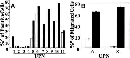 Figure 1. CCR7 expression and migration of CD40L-activated BCP-ALL cells in response to CCL19. BCP-ALL cells were cocultured on HBMS stroma. For CD40 cross-linking, BCP-ALL cells were cocultured with the CD40 ligand–transfected J558 cell line. (A) After 48 hours of culture, BCP-ALL cells (□) and CD40L-activated BCP-ALL (▪) were detached by scraping and were washed and stained with anti-CCR7 mAb. Results are expressed as the percentage of positive cells in the gate of viable cells. (B) Results show net numbers of migrated cells in response to CCL19 (100 ng/mL) and are shown as mean ± SE of 5 microscope fields. Migration was evaluated in a modified Boyden chamber for 90 minutes.