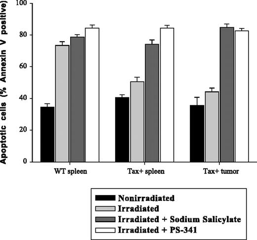 Figure 4. NF-κB inhibitors induce apoptosis in Tax transgenic tumor cells. Fresh tumor and spleen cell suspensions from nontransgenic and Tax transgenic mice were incubated in the presence or absence of 10 mM sodium salicylate or PS-341 for 20 hours prior to treatment with 30 Gy (3000 rads) irradiation. Five hours after irradiation, 105 cells were stained with fluorescein isothiocyanate–conjugated annexin V (FL1) to evaluate cells in early apoptosis. Total numbers of dead cells were measured by propidium iodide staining (FL-2). Apoptotic cells are indicated by annexin V–positive population, and the percentage apoptotic cells is shown. Error bars represent SEM between 5 mice in 1 representative experiment of 3 experiments consisting of 5 nontransgenic and 5 transgenic mice each. The statistical significance of the inhibition was evaluated by a paired t test: P ≤ .01 for untreated compared to sodium salicylate treatments and P ≤ .03 for untreated compared to PS-341 treatments.