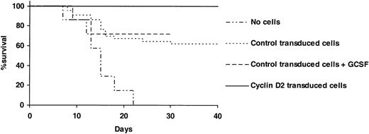 Figure 2. Overexpression of cyclin D2 in hematopoietic progenitor cells rescues mice from lethal myeloablation. Two thousand LSK cells transduced with control- or cyclin D2–containing vector were transplanted without any support cells into lethally ablated (975 cGy) adult recipients. A total of 42, 14, and 28 mice were transplanted in control-transduced, control-transduced + G-CSF–treated, and cyclin D2–transduced groups, respectively. From day 1 after transplantation, PBS (control transduced) or 100 μg/kg rhG-CSF was subcutaneously injected every other day for a total of 7 times. Twenty-eight mice served as nontransplantation controls.