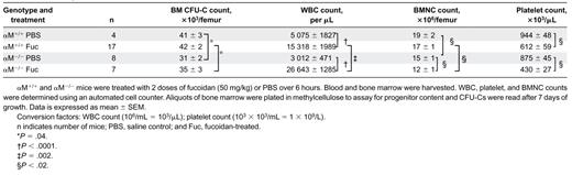 Cell and progenitor counts after fucoidan mobilization in αM+/+ and αM–/– mice