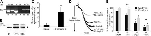Figure 4. NK1 stimulates SP-mediated activation of platelets. (A) RNA isolated from human platelets (Pl; lanes 2, 4, 6) and HEL (H, human erythroleukemia cell line; lanes 1, 3, 5) was subjected to RT-PCR, resulting in the amplification of bands of the sizes 495, 449, and 528 bp representing NK1, NK2, and NK3, respectively. (B) Whole cell lysates from platelets, U373MG, and HEL cells were separated by SDS-PAGE, transferred to PVDF membrane, and immunoblotted to detect NK1. (C) Flow cytometry was used to detect NK1 protein on the surface of unstimulated or thrombin-stimulated (0.1 U/mL) platelets. Relative quantification was calculated using geometric mean data. Values shown are mean ± SEM (n = 3); **P < .02 (t test). (D) Platelets preincubated for 2 minutes with increasing concentrations of anti-NK1 antibody or control antibody (Ctrl) were stimulated with SP (7.5 μM) for 90 seconds (arrow indicates addition of agonist). Aggregation was monitored by turbidometric aggregometry. Traces are representative of 3 separate experiments. (E) Platelets from NK1-deficient mice and litter-matched controls were stimulated for 90 seconds with increasing concentrations of SP. The percentage of single platelets remaining in suspension was determined. Values shown are mean percentage of single platelets compared with basal ± SEM (n = 6). *P < .003 with respect to basal (within); **P < .05 between control and knock out.