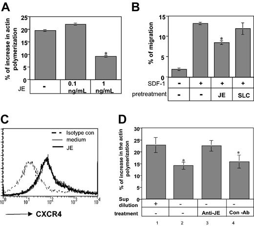 Figure 5. JE secreted by B cells inhibits immature B-cell actin polymerization and migration. (A) Actin polymerization. Immature B cells were isolated from Ii–/– mice and pretreated for 30 minutes in 10 mL medium with or without JE. The cells were then stimulated with 50 μg/mL SDF-1 for 15 seconds, fixed, and permeabilized, and their intracellular F-actin was stained with FITC-phalloidin. The change in the polymerized actin was analyzed by FACS. Percentage increase in actin polymerization was calculated as described in Figure 2. (B) Transwell migration. Immature B cells were isolated from Ii–/– mice and pretreated for 30 minutes with medium, JE (1 ng/mL), or SLC (1 μg/mL). The cells were washed and then assayed for migration as described earlier. The results presented are representatives of 5 different experiments. (C) FACS analysis of CXCR4 expression on Ii–/– B cells incubated in the presence or absence of CCL2. Ii–/– immature B cells were stained with anti-CXCR4 or a control antibody. The results presented are representative of 3 different experiments. (D) B220+ cells from control mice were isolated, and 2 × 107 (concentrated) or 2 × 106 (diluted) cells were suspended in 10 mL medium for 30 minutes, and their conditioned medium was collected. Concentrated conditioned medium was treated overnight with or without anti-JE or control antibody. The treated and nontreated conditioned media were used for 30 minutes of pretreatment of immature B cells that were isolated from Ii–/– mice. The pretreated immature B cells were then stimulated with 50 μg/mL SDF-1 for 15 seconds, fixed, permeabilized, and their intracellular F-actin was stained with FITC-phalloidin. The change in the polymerized actin was analyzed by FACS and calculated as described in Figure 2. Error bars represent the standard error of the results of all the experiments used to calculate the average. *Significant at a 98% level.