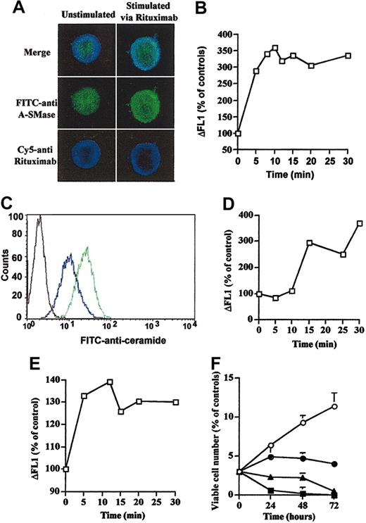 Figure 4. Rituximab induces A-SMase and CER localization in the outer leaflet of the cell membrane. (A) Cells (3 × 106) were treated with or without 10 μg/mL rituximab for 10 minutes and analyzed by confocal microscopy by using rabbit anti-SMase and/or mouse antihuman Fc. Results are representative of 3 independent experiments. (B) Rituximab induces outer leaflet A-SMase localization in B-CLL fresh cells. Intact cells (3 × 106) from patient 1 were treated or not with 10 μg/mL rituximab for 10 minutes and analyzed by flow cytometry using a FITC-labeled rabbit polyclonal anti-A-SMase. Results are representative of 3 independent experiments. (C) Intact cells (3 × 106) were treated (green line) or not (blue line) with 10 μg/mL rituximab for 10 minutes and analyzed by flow cytometry by using a FITC-labeled mouse monoclonal anti-CER 15B4. Results are representative of 3 independent experiments. A stained FITC anti-mouse served as control (black line). (D) Rituximab induces outer leaflet CER accumulation in B-CLL fresh cells. Intact cells (3 × 106) from patient 1 were treated or not with 10 μg/mL rituximab and analyzed by flow cytometry by using a FITC-labeled mouse monoclonal anti-CER 15B4. Results are representative of 3 independent experiments. (E) Bacterial SMase induces outer leaflet CER accumulation in Daudi cells. Intact cells (3 × 106) were treated or not with 0.2 U bacterial SMase and analyzed by flow cytometry by using a FITC-labeled mouse monoclonal anti-CER 15B4. Results are representative of 3 independent experiments. (F) C16-CER mimics rituximab-induced inhibitory cell viability. Daudi cells were treated or not (○) with C16-CER at 0.05 μM(•), 0.1 μM(▴), or 0.5 μM(▪), and cell viability was estimated by trypan blue exclusion assay. Results are the mean of 3 independent experiments ± SD.