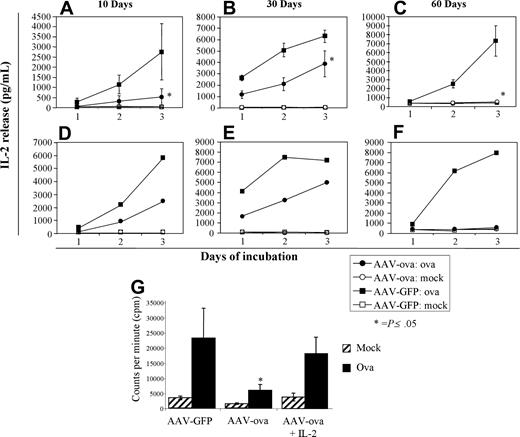Figure 2. IL-2 cytokine release from cultured splenocytes and lymph node cells isolated from DO11.10 mice 10, 30, or 60 days after gene delivery. Individual spleens (A-C, n = 4-8) or pooled inguinal nodes (D-F) from GFP- or ova-transduced mice were cultured in the presence of 100 μg ova/mL media for 3 days. Error bars represent SD. *P less than .05 for ova-versus GFP-transduced mice. • indicates cells from ova-transduced mice stimulated with ova antigen; ▪, cells from GFP-transduced mice stimulated with ova; ○ and □, mock-stimulated controls. (G) Proliferation of cultured splenocytes as determined by measurement of 3H-tymidine incorporation (day 60 after vector administration, n = 4/group). Splenocyte proliferation was measured in the presence or absence (mock) of ova in conditioned media. For cells from AAV-ova–transduced mice, cells were also cultured in the presence of murine IL-2 (50 U/mL) in a parallel experiment. Error bars represent SD. *P ≤ .05.