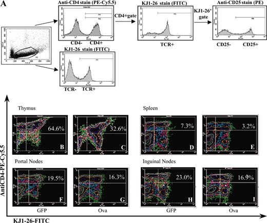 Figure 3. Analyses of cell populations in lymphoid organs by flow cytometry. (A) Strategy of antibody stain and analyses by flow cytometry is outlined by examples of histograms obtained from splenocytes to determine TCR+CD4+ cells and TCR+CD4+CD25+ (see also Figure 6) in DO11.10 mice. (B-I) Quantitation of TCR+CD4+ cells 60 days after gene delivery by flow cytometry. Representative examples of FACS contour plots are shown for individual samples of viable lymphocytes from lymphoid organs of DO11.10 mice. The mice received either AAV-EF1α-GFP (B,D,F,H) or AAV-EF1α-ova (C,E,G,I). Percent dual-positive cells (top right quadrant) are indicated. Note that AAV-EF1α-ova–transduced mice showed significant reduction in TCR+CD4+ cells compared with control animals. Antibody stain was PE-Cy5.5–conjugated anti-CD4 and FITC-conjugated KJ1-26. Portal nodes had been pooled from 4 mice prior to flow cytometry.