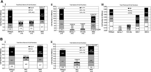Figure 4. Reconstitution of B-cell numbers in MBS-treated mice. Total numbers for B-cell subsets, based on the developmental schema of Li and colleagues,48 were calculated using flow cytometry percentages and total cell counts. (Ai-ii) Combined results for BM and spleen, respectively, from experiments 1 to 3. (Aiii) Peritoneal B-lineage analysis was performed for 1 experiment, and the results from 1 animal from each control category and 2 MBS-treated animals are shown. MBS-treated mice exhibited recovery of all peritoneal B-cell subsets. *Statistically significant differences between MBS-treated mice and mock-transduced BtkTec–/– controls (with P values as noted). (B) Analysis of BM and spleen B-cell subsets from animals reconstituted with MBS-versus MIG-transduced stem cells. The numbers for each B-cell subset are shown, and mean total B-cell numbers with SEM are included at the top of each bar. *Statistically significant differences between MBS-treated mice and MIG-treated animals (with P values as noted).