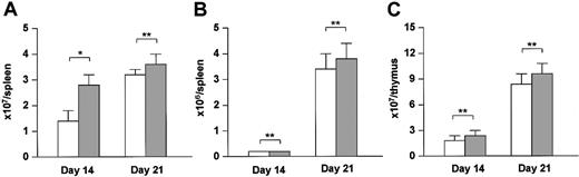 Figure 6. Direct effect of HGF on thymopoiesis. BDF1 (Ly5.2) recipients were irradiated (9 Gy) and received TCD bone marrow cells (5 × 106) from B6 (Ly5.1) donors. HVJ liposomes containing 8 μg human HGF cDNA or a mock vector were injected intramuscularly on days 0, +7, and +14 of BMT. On days 14 and 21 after BMT, the number of Ly5.1+ cells (A) and Ly5.1+CD3+ cells (B) in the spleen and the number of Ly5.1+ cells in the thymus (C) were analyzed by flow cytometry. □ indicates control-treated BM transplant recipients; and ▦, HGF-treated BM transplant recipients. Data represent the mean ± SD from 3 mice. *P < .05. **P not significant. Representative results from 2 similar experiments are shown.