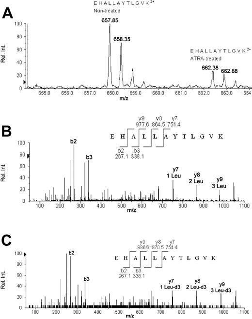 Figure 2. AACT for a 72-hour (nontreated versus ATRA-treated) sample accounting for the quantification and identification of eEF1A-1. (A) The averaged time-of-flight (TOF) MS from C18 high-performance liquid chromatography (HPLC) retention times of 33.5 to 34.2 minutes accounting for tryptic peptide EHALLAYTLGVK. The monoisotopic m/z value of 657.85 represents the +2 charged EHALLAYTLGVK peptide produced in nontreated NB4, and 662.38 represents the EHALLAYTLGVK peptide from ATRA-treated NB4 grown in 99% Leu-d3 (116.1 Da) media. Comparison of the relative intensities of the 2 monoisotopic peaks (657.85 versus 662.38) yields a ratio (ATRA treated to nontreated) of 0.32, implying down-regulation of 3.1-fold via ATRA treatment. (B) The automated MS/MS fragmentation pattern of 657.85. The peptide sequence produced from MS/MS fragmentation yielded the identification of eEF1A-1. A few fragmentation b- and y-ions are labeled for comparison with MS/MS data from 662.38. (C) The automated MS/MS fragmentation pattern of 662.38. A 3.02 Da difference exists for each fragmented peptide containing leucine as illustrated by y7, y8, and y9, which yield m/z values of 754.4, 870.5, and 986.6, respectively. Fragments that do not contain leucine are identical to the MS/MS data for 657.85, as demonstrated by b2 and b3.