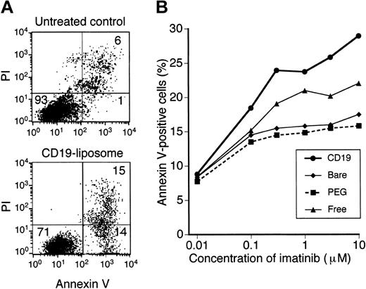 Figure 4. Apoptosis of KOPN-72 Ph+ ALL cells treated with imatinib-encapsulated liposomes. (A) Annexin V staining of KOPN-72 cells. Cells were cultured with (bottom) or without (top) 10 μM imatinib-CD19-liposomes for 48 hours. Thereafter, cells were stained with FITC-labeled Annexin V and propidium iodide (PI) and appraised by FCM. Viable cells are located in the lower left quadrant (Annexin V– and PI-negative), early apoptotic cells are located in the lower right quadrant (Annexin V–positive and PI-negative), and dead cells are found in the upper right quadrant (Annexin V– and PI-positive). The numbers in the graphs indicate the percentage of cells in each quadrant. (B) Dose response curve of Annexin V–positive cells. KOPN-72 cells were treated with the indicated imatinib-encapsulated liposomes at various concentrations of imatinib and cultured for 48 hours. The rate of Annexin V–positive cells was determined by FCM. Data represent mean of triplicate experiments.