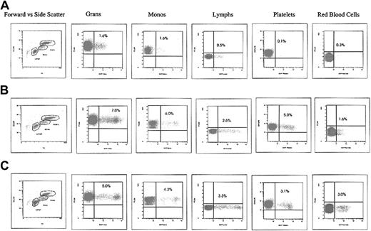 Figure 1. EGFP expression in circulating hematopoietic cells following HIV lentiviral gene transfer and transplantation of rhesus cytokine-mobilized peripheral blood CD34+ cells. (A) RC505. First-generation lentiviral vector at 5 years, 8 months. (B) 95E132. Self-inactivating lentiviral vector at 4 years, 6 months. (C) 2RC003. Self-inactivating lentiviral vector at 14 months.