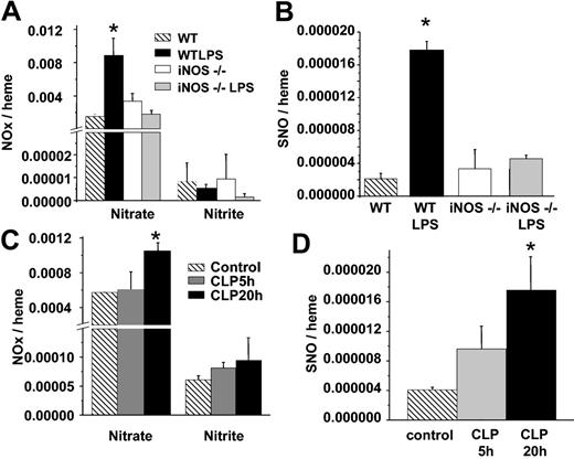 Figure 6. Formation of RBC S-nitrosothiols in iNOS–/– mice and a surgical model of sepsis. (A) RBC nitrate and nitrite in WT or iNOS–/– mice treated with saline or LPS. (B) Corresponding RBC S-nitrosothiol concentrations. (C-D) Changes in RBC nitrate, nitrite, and S-nitrosothiols measured at 5 or 20 hours (▦ and ▪, respectively) after cecal ligation and puncture. ▧ represents control RBCs. Data represent mean ± SEM (n = 3-5). *P ≤ .05 versus control.