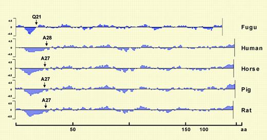 The hydrophilicity plots for Epos from Fugu, human, horse, pig, and rat generated using Kyte & Doolittle hydrophilicity parameters. See the complete figure in the article beginning on page 1498.