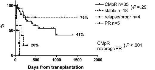 Figure 5. Disease-free survival by status at transplantation. rel indicates relapse; progr, progressive.