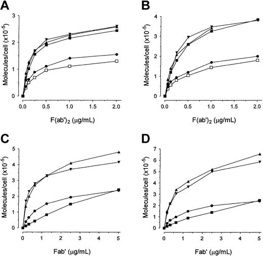 Figure 5. Binding of radiolabeled CD20 mAb F(ab′)2 and Fab′ fragments to Daudi and EHRB cells. 125I-labeled F(ab′) 2 (A-B) or Fab′ fragments (C-D) of CD20 mAbs were incubated with EHRB (A,C) or Daudi (B,D) cells for 2 hours at 37°C. The cell-bound and free 125I-labeled mAbs were then separated by centrifugation through phthalate oils, and the cell pellets together with bound antibody were counted for radioactivity. Symbols: rituximab, ▪; 7D8, ▴; 2F2, ▾ ; 11B8, •; and B1, □. The results show 1 of at least 2 separate experiments with similar results.