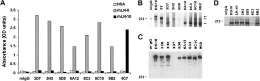 Figure 1. Reactivity of novel monoclonal antibodies to human laminin α4 chain. ELISA (A), Western blotting under reducing (B) and nonreducing (C) conditions, and immunoprecipitation (D). In ELISA, human serum albumin (HSA), recombinant human laminin-8 (rhLN-8, α4β1γ1), and recombinant human laminin-10 (rhLN-10, α5β1γ1) were coated on plastic, and mIgG and mAb 4C7 to human laminin α5 were used as controls. Seven mAbs (3D7, 3H2, 5D8, 6A12, 6C3, 8C10, and 9B2) were classified as specific for LNα4 chain. In Western blotting, antibody reactivity against LN-8–containing platelet lysate (B) and purified platelet LN-8 (C) are shown. mAbs DG10 (LNβ1), 22 (LNγ1), and 2E8 (LNγ1) were also included. (B) Arrows indicate bands of 230, 220, and 180 kDa, corresponding to LNβ1, LNγ1, and LNα4 chains, respectively. Under nonreducing conditions (C), most antibodies react with a band of nearly 630 kDa. (D) The ability of mAbs to (co)immunoprecipitate the LNα4 chain from platelet lysate is shown. LNα4 chain was visualized with mAb 6C3 as a major band of 180 kDa. In addition to 4 mAbs to LNα4 (3H2, 5D8, 6C3, and 9B2), mAbs DG10 (LNβ1) and LN-41 (LNγ1) were used for immunoprecipitation. OD indicates optical density.