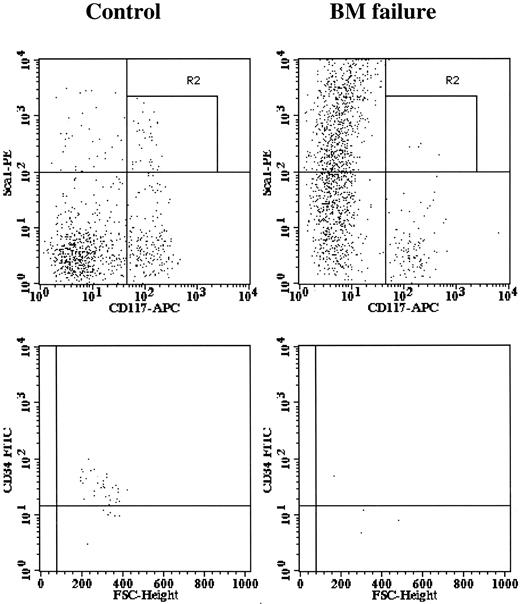 Figure 3. Elimination of BM Lin-Sca1+CD117+ hematopoietic progenitor and stem cells. BM cells from 15 control and 15 BM failure mice were stained with an antibody cocktail containing CD34-FITC, Sca1-PE, Lin (CD3, CD4, CD8, CD11b, CD19, Gr1, Ter119)-biotin, and CD117 (c-Kit)-APC and were analyzed using a BD-LSR flow cytometer. Data shown are expressions of Sca1 and CD117 on BM Lin- cells (top panels) and expressions of CD34 on Lin-Sca1+CD117+ BM cells (bottom panels) of control and BM failure mice.