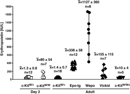 Figure 3. High serum EPO levels in WEPO mice. Serum EPO levels in 2-day-old wild-type (□), 2-day-old c-KitW/W mice (○), and adult wild-type (▪), adult EPO-tg (▴), adult WEPO (•), adult Vickid (♦), and adult c-KitW/Wv (▾) mice were determined using sandwich ELISA.
