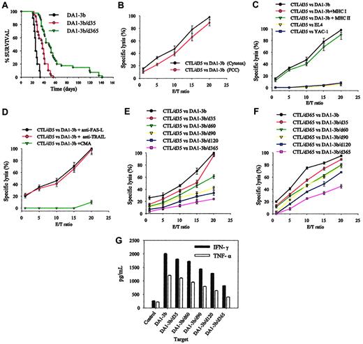 Figure 2. Tumorigenicity of persistent leukemic cells and their sensitivity to CTL-mediated killing. (A) Survival curves of naive mice injected intraperitoneally with the leukemic cell line (DA1-3B) or with leukemic cells that had persisted in other animals for 1 month (DA1-3b/d35) or 1 year (DA1-3b/d365). (B) Sensitivity of DA1-3b cells to CTL-mediated killing measured by lactate dehydrogenase (LDH) release (Cytotox) or by detecting caspase activation (FCC) using flow cytometry. E/T indicates effector-target ratio. (C) Sensitivity to CTL-mediated killing of DA1-3b cells or control YAC-1 or EL4 cells and inhibition of lysis with anti-MHC I or II. (D) CTL-mediated killing of DA1-3b cells treated with CMA, anti-FAS-L, or anti-TRAIL. (E) CTLs were isolated 1 month after challenge from mice vaccinated with irradiated DA1-3b/IL12 cells and tested for their ability to kill leukemic cells that had persisted in other animals for 1 month (DA1-3b/d35), 2 months (DA1-3b/d60), 3 months (DA1-3b/d90), 4 months (DA1-3b/d120), and 1 year (DA1-3b/d365). (F) The procedure described for panel E was followed except that the CTLs were isolated from mice 12 months after challenge (CTL/d365). (G) CTLs were isolated from mice 1 month after challenge, incubated at a 20:1 ratio with leukemic cells that persisted in other animals for up to 1 year, and production of IFN-γ and TNF-α was measured. All experiments were performed in quadruplicate and repeated at least 3 times. Error bars indicate standard deviation.