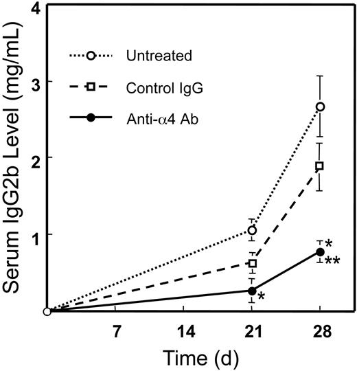 Figure 3. Effects of preventative administration of the anti-α4 Ab on serum IgG2b levels in 5TGM1/luc myeloma-bearing mice. Monoclonal IgG2b was measured by sandwich ELISA as described in “Materials and methods.” Data are mean ± SEM of 2 separate experiments (n = 10 × 2 = 20). *Significantly different from untreated group. **Significantly different from control IgG group.