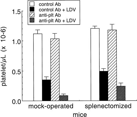 Figure 6. Role of the spleen in LDV-enhancement of antibody-mediated thrombocytopenia. Control and anti-mouse platelet rabbit polyclonal antibodies (3 μg) were injected 1 day after LDV infection or administration of saline into groups of 4 CBA/Ht mice that had been either splenectomized or mock-operated 2 weeks previously. Platelets were counted 2 days after antibody administration. Results are shown as means ± SEM.