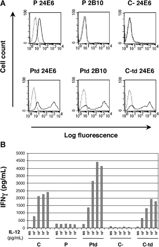 Figure 6. Correction of the patient's IL-12Rβ1 defect by retroviral-mediated gene tranfer. (A) PHA-T-cell blasts from the patient (P), a negative control (C-), MND-IL-12Rβ1-transduced PHA-T-cell blasts from the patient (Ptd), or the negative control (C-td) were stained with anti-IL-12Rβ1 mAb (24E6 or 2B10, plain line) or matched isotype control (dotted line). (B) IFN-γ production in response to IL-12. PHA-T-cell blasts from the patient (P), a negative control (C-), and MND-IL-12Rβ1-transduced PHA-T-cell blasts from the patient (Ptd) or the negative control (C-td) were plated in 24-well plates and were either left unstimulated (NS) or were stimulated with increasing concentrations of IL-12 for 48 hours. Supernatants were harvested, and IFN-γ was quantified by ELISA.
