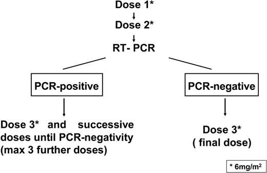 Figure 1. Scheme of the treatment plan. GO was administered at 6 mg/m2 per dose by intravenous infusion. The second dose was administered after 15 days from the first one. After the second GO dose, patients who tested PCR-negative for PML/RARα in the bone marrow were to receive a third and final dose, whereas patients who tested PCR-positive had to receive additional GO administrations, for a maximum of 6 total doses, until the achievement of PCR negativity.
