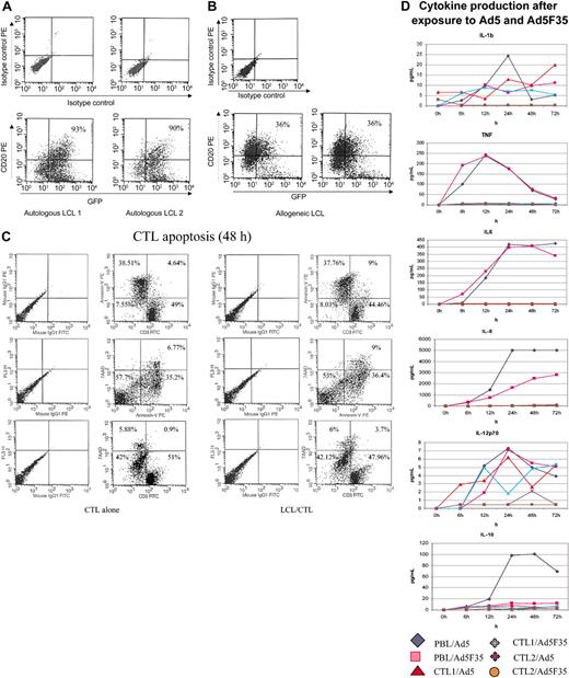 Figure 5. Adenovectors are produced by activated E1-CTLs and can transduce LCL targets. There were 2 separate EBV-CTL cell lines transduced with the E1 retrovirus and the Ad5F35-eGFP vector cocultured (at 80:1 LCL/CTL ratio) with autologous (A) or allogeneic (B) LCLs for 48 hours, and then the cells were stained with CD20 or isotype control antibodies. Results are expressed as the percentage of transduced target LCL cells (ie, double positive for GFP and CD20). (C) CTL apoptosis in the presence or absence of LCLs was evaluated using Annexin-V and 7AAD staining of CD3 cells. Cells were stained as recommended by the manufacturer and analyzed by FACS. Results are expressed as percentage in each quadrant. (D) Cytokine production was measured in the supernatant of CTL lines and PBMNCs exposed to 5 × 103 vp of Ad5 or Ad5F35 vector. Cells were transduced as described and supernatants harvested. The cytokines produced from nontransduced CTLs and from transduced PBMNCs were used as negative and positive controls, respectively.