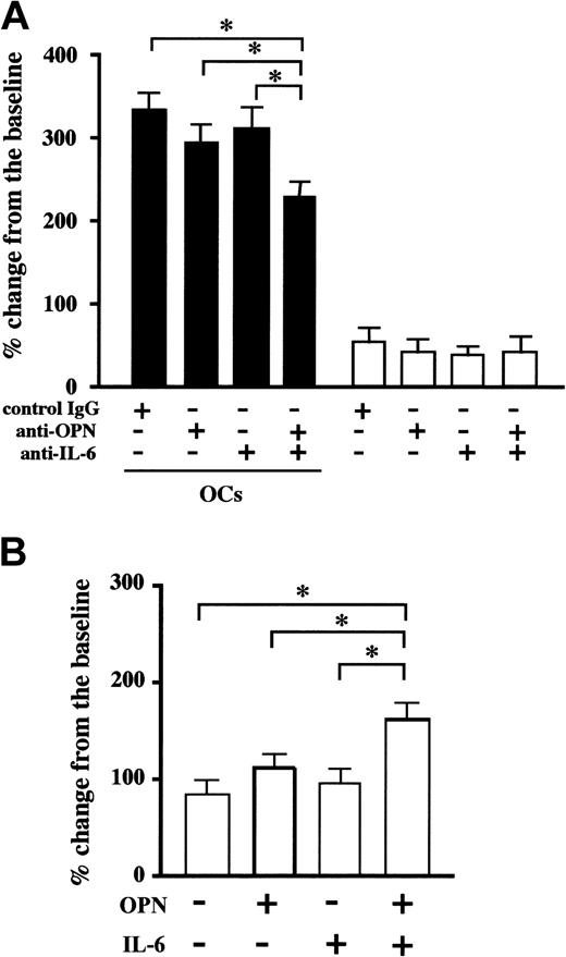 Figure 6. OPN and IL-6 cooperatively acted to enhance MM cell growth. U266 cells (2 × 105/mL) were cultured in alpha-MEM containing 1% FBS in the presence (▪) or absence (□) of PBMC-OCs (1 × 104/mL) in 24-well culture plates in quadruplicate. Neutralizing antibodies against OPN and IL-6 alone or in combination, or control IgG were added at 20 μg/mL to the indicated wells (A). U266 cells were resuspended at 2 × 105/mL in alpha-MEM containing 1% FBS and cultured in wells coated with either rhOPN or human serum albumin in 24-well culture plates. rhIL-6 (10 ng/mL) was added to the indicated wells (B). Viable cell number was counted by trypan blue staining at day 4. The data are expressed as means ± SD. *Significantly different by one-way ANOVA with Scheffe post hoc tests, P < .05.