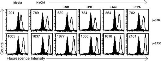 Figure 6. Effects of MAP kinase inhibitors and activators on NaChl-induced enhanced phosphorylation of p38 and ERK1/2 in K562 cells. Cells were pretreated with inhibitors or activators of MAP kinases for 30 minutes as described in “Materials and methods” before treatment with NaChl (10 μg/mL) for an additional 30 minutes. Filled histograms indicate staining with isotype-matched control mouse monoclonal antibodies. Solid lines indicate staining with anti–phospho p38 or anti–phospho ERK1/2 monoclonal antibody. Values within the histograms represent the specific MFI (after subtracting the respective control values).