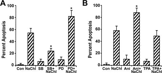 Figure 7. Effects of MAP kinase inhibitors and activators on the NaChl-induced apoptosis of K562 cells. (A) Cells were pretreated with the inhibitors for 30 minutes; then NaChl (10 μg/mL) was added and incubated for 24 hours. Apoptosis was determined by flow cytometric assay based on annexin V binding. (B) Cells were preincubated with the MAP kinase activators for 30 minutes before addition of NaChl, followed by determination of apoptosis at 24 hours by annexin V binding. Data represent mean ± SD of 3 experiments. *P < .01 versus NaChl treatment alone. SB indicates SB203580; PD, PD98059; Ani, anisomycin; and Con, control.