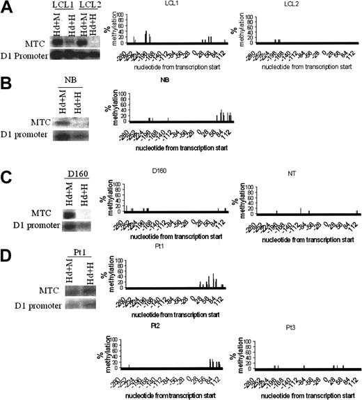 Figure 4. Cyclin D1 promoter DNA was unmethylated in normal human B and T cells. Southern blot analysis with the cyclin D1 promoter and the MTC probes and bisulfite sequencing analysis in the cyclin D1 promoter region. (A) EBV-transformed human B cells. (B) Normal human CD19+ B cells. (C) Normal human CD4+ T cells. (D) Patient samples with cyclin D1+ B-cell malignancies. For normal B and T cells, the cyclin D1 promoter was demethylated even though the gene was not expressed (Figure 1B). However, the MTC region was methylated. In 2 MCL bone marrow samples from patients (Pt 2 and Pt 3) and in a peripheral blood sample from a patient with lymphocytosis and t(11;14) B-cell malignancy (Pt 1), both the cyclin D1 promoter region (Pts 1-3) and the MTC region (Pt 1) were unmethylated in purified B cells. The methylation differences in the MTC region were confirmed by bisulfite sequencing (not shown), although the number of CpG dinucleotides in the MTC is small.
