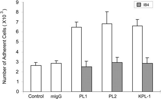 Figure 2. PSGL-1 antibodies enhance adhesion of neutrophils to fibrinogen. Washed neutrophils were incubated with 10 μg/mL mouse IgG (mIgG), KPL-1 (a leukocyte adhesion-blocking mAb to PSGL-1), PL1 (a leukocyte adhesion-blocking mAb to PSGL-1), or PL2 (a leukocyte adhesion-nonblocking mAb to PSGL-1) before they were added to the wells without fibrinogen coating (control) or the wells immobilized with fibrinogen. For inhibition experiments, neutrophils were preincubated with IB4 (a leukocyte adhesion-blocking mAb to β2 subunit). Other steps of the cell adhesion assay were carried out as described for Figure 1. All results are expressed as the mean ± SD values of the adherent cells determined in triplicate measurements of 3 separate experiments.