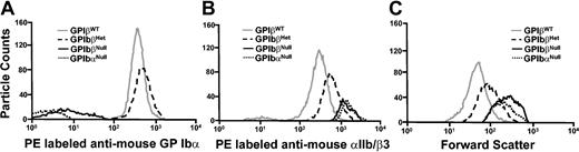 Figure 2. Flow cytometric analysis. (A) A flow cytometric analysis of whole blood was performed after labeling with a PE-tagged rat antimouse GP Ibα monoclonal antibody. Surface expression of a GP Ib-IX complex requires concomitant expression of GP Ibα, GP Ibβ, and GP IX. As shown, neither blood from GP IbβNull nor GP IbαNull animals contains a reactive anti-GP Ibα signal. (B) Mouse integrin, αIIb/β3 levels are shown in mice deficient in a GP Ib-IX complex. A PE-tagged rat antimouse αIIb/β3 monoclonal antibody was mixed with whole blood and samples were analyzed by flow cytometry. An increase in αIIb/β3 levels in heterozygotes and homozygotes probably reflects an increase in platelet volume per platelet. (C) Forward-scatter profile of platelets from the designated mice are presented. Both GP IbαNull and GP IbβNull platelets have a similar increased platelet size in their population. GP IbβHet platelet size presents as an intermediate phenotype between wild-type and knockout platelets.