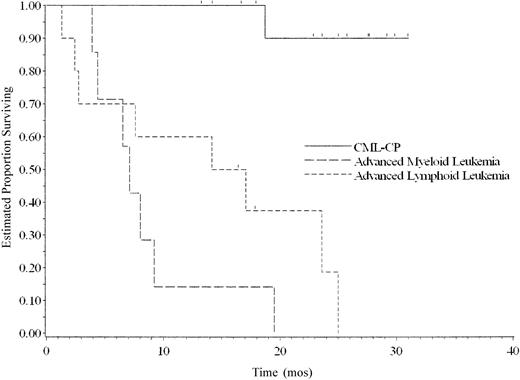 Figure 2. Overall survival from study enrollment by type of leukemia. CML-CP indicates chronic myelogenous leukemia-chronic phase.