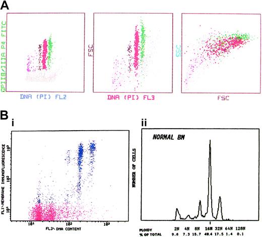Figure 2. Relation between expression of GPIIb/IIIa, cell size, granularity, and ploidy of human marrow MKs. (A) Distribution of marrow MKs by surface expression of GPIIb/IIIa, cell size as estimated by forward light scatter (FSC), granularity as reflected by 90° light scatter or side scatter (SSC), and DNA content. Note the progressive increase of all parameters in relation to ploidy. (B) (i) The distribution of marrow cells according to membrane-GPIIb/IIIa immunofluorescence and the DNA content. Cells with background fluorescence represent the principal marrow cell population with ploidy classes of 2N and 4N (red). The highly fluorescent cells represent the MK population with polyploid subclasses (blue). (ii) The DNA histogram of the MK population is shown. The modal ploidy is 16N.