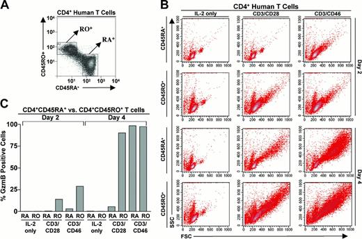 Figure 5. Differential activation and granzyme B expression in purified human naive and memory CD4+ T lymphocytes. (A) FACS plot demonstrating the gates used to flow-purify CD4+CD45RA+ naive and CD4+CD45RO+ memory T lymphocytes. (B) Representative FACS plots demonstrating the differential kinetics of activation (FSC and SSC) between naive and memory CD4+ T lymphocytes at days 2 and 4. Modes of activation are indicated above each column of FACS plots. (C) Summary of granzyme B expression between naive and memory CD4+ T lymphocytes at days 2 and 4. T-cell subsets and modes of activation are indicated below each column. Data shown are representative of 3 or more independent donor samples.