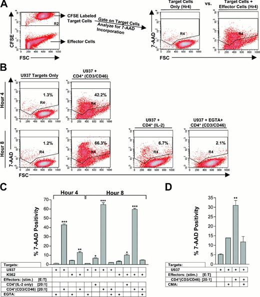 Figure 6. Granzyme B-expressing Tr1 regulatory cells exhibit perforin-dependent cytotoxicity. (A) An example of the flow-based cytotoxicity assay (FloKA) using CFSE-labeled target cells, which can be specifically gated upon and analyzed for 7-AAD incorporation. (B) Representative example of cytotoxicity induced by Tr1 regulatory cells (ie, CD3/CD46-activated CD4+ T lymphocytes), demonstrating time-dependent 7-AAD incorporation in human U937 target cells. Cytotoxicity was blocked by EGTA (4 mM), which blocks calcium-dependent perforin polymerization. Percentage shown indicates the percentage of cells shown in each regional gate depicted. (C) Representative example of cytotoxicity by IL-2-activated CD4+ T lymphocytes versus Tr1 regulatory cells (ie, CD3/CD46 activated), against human target cells (U937 and K562) at 4 and 8 hours. Effector to target (E/T) ratios and EGTA controls are shown. (D) Inhibition of cytotoxicity by concanamycin A (CMA; 100 nM). Data are representative of at least 4 independent experiments showing similar results. Values shown are the mean ± SD; * P < .05; **P < .01; ***P < .001.