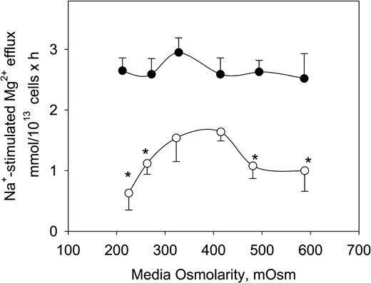 Figure 4. The effect of media osmolarity on the Na/Mg exchanger activity. Mg2+-loaded cells from normal (Hb AA; ○) and sickle (Hb SS; •) erythrocytes were incubated in various media with osmolarities ranging between 210 and 590 mOsm as described in “Patients, materials, and methods.” The values represent the mean ± SE of 3 experiments in triplicate determinations. *P < .045, n = 3 when compared with the exchanger activity at 300 mOsm.