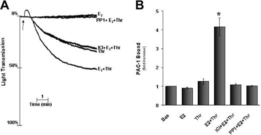 Figure 5. Effect of 17β-E2 on thrombin-dependent platelet aggregation and integrin αIIbβ3 activation. (A) Aggregation traces of gel-filtered platelets treated with 100 nM 17β-E2 (E2), 0.02 U/mL thrombin (Thr), 100 nM 17β-E2 for 30 seconds and then 0.02 U/mL thrombin (E2+Thr), 100 nM 17β-E2, and 10 μM ICI 182 780 for 30 seconds and then 0.02 U/mL thrombin (ICI+E2+Thr), 10 μM PP1 for 15 minutes, 100 nM 17β-E2 for 30 seconds and then 0.02 U/mL thrombin (PP1+E2+Thr). Identical results were obtained from 4 similar experiments performed with platelets from different donors. (B) Binding of FITC-labeled PAC-1, a fibrinogen mimetic antibody that recognizes the active form of integrin αIIbβ3 to resting platelets (Bas), and platelets treated as indicated in panel A. Incubation with PAC-1 was for 10 minutes at 37°C before fixation. Data are mean ± SEM of 7 independent experiments performed with platelets from different donors. * indicates that the difference in PAC-1 binding between the samples stimulated with thrombin in the presence or absence of 17β-E2 is statistically significant (P < .005).