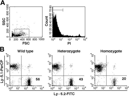 Figure 1. Examples of chimerism in the PB of chimeric mice. (A) Sorting gates used for viable cells. (B) Analyses of Fli-1 WT, Fli-1+/-, and Fli-1-/- chimeric mice are shown. Numbers indicate percentage of Ly-5.2 cells in each mouse.
