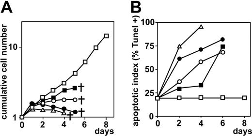 Figure 3. Human erythroid progenitors require Epo, SCF plus Dex for long-term expansion. (A) After precultivation for 18 days (in the absence of lipids), cumulative cell numbers (Figure 2) were determined from cultures kept for 8 more days in either the absence of Epo (▪), or SCF (○), or Dex plus glucocorticoid antagonist ZK (•), or without any factors (▵) by daily counting in an electronic cell counter. Control (□) cultures grown in the presence of all factors. Cross symbol indicates termination of cultures due to excessive cell death. (B) Erythroblasts from cultures in panel A were analyzed for the percentage of apoptotic cells by TUNEL staining and flow cytometry (see “Materials and methods”); symbols are as described for panel A.